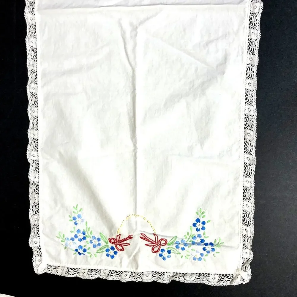 Vintage Small Table Runner with Bows and Flowers, Lace Edges 34” x 14” size